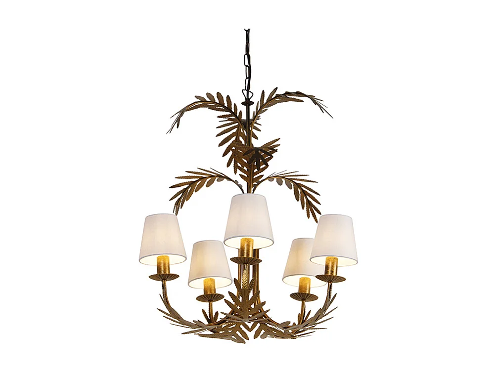 Lustre doré avec abat-jour en lin blanc 5 lumières - Botanica
