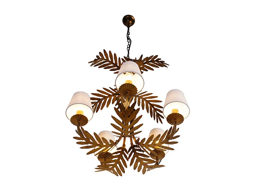 Lustre doré avec abat-jour en lin blanc 5 lumières - Botanica