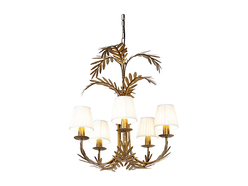 Lustre or avec capuchon à pince plissée crème 5 lumières - Botanica