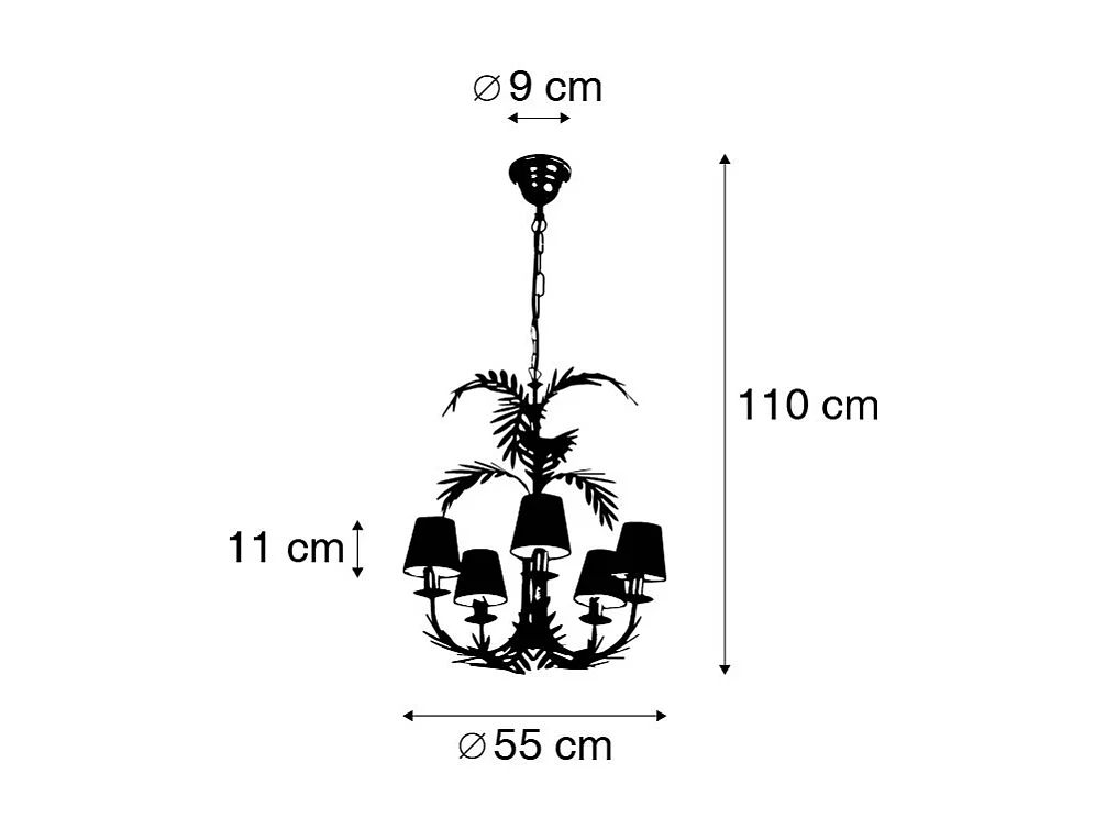 Lustre doré avec abat-jour en coton noir 5 lumières - Botanica