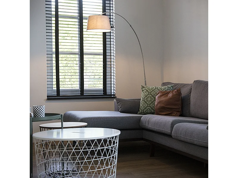 Lampe à arc moderne en acier avec abat-jour en tissu blanc - Arc Basic