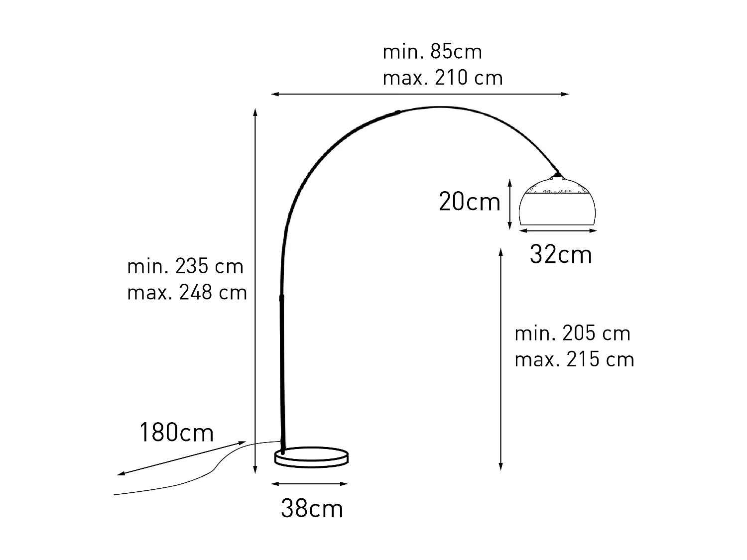 Lampadaire à arc moderne en laiton avec base en marbre et abat-jour noir 32,5 cm - XXL