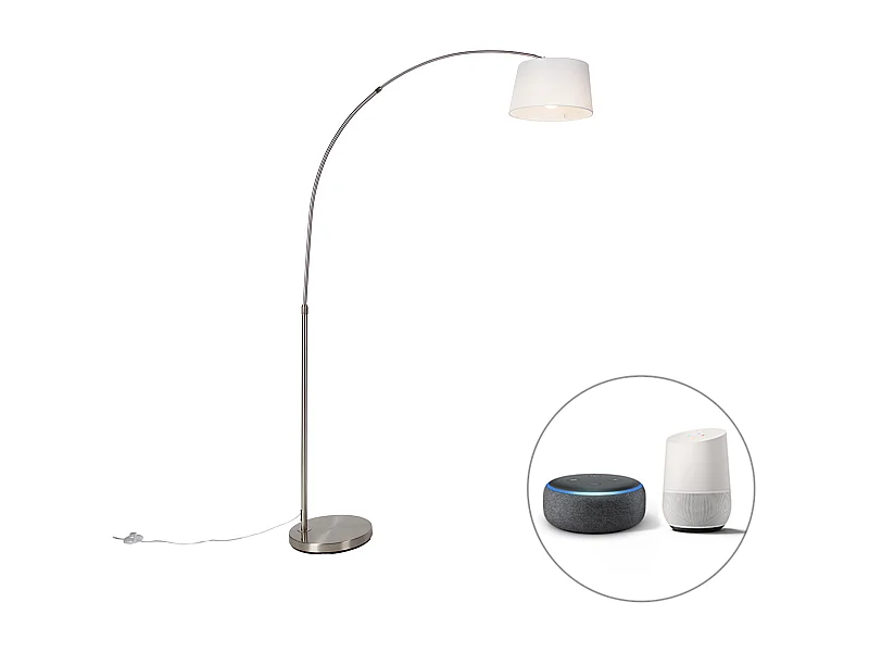 Lampe à arc intelligente en acier avec abat-jour en tissu blanc, y compris Wifi A60 - Arc Basic