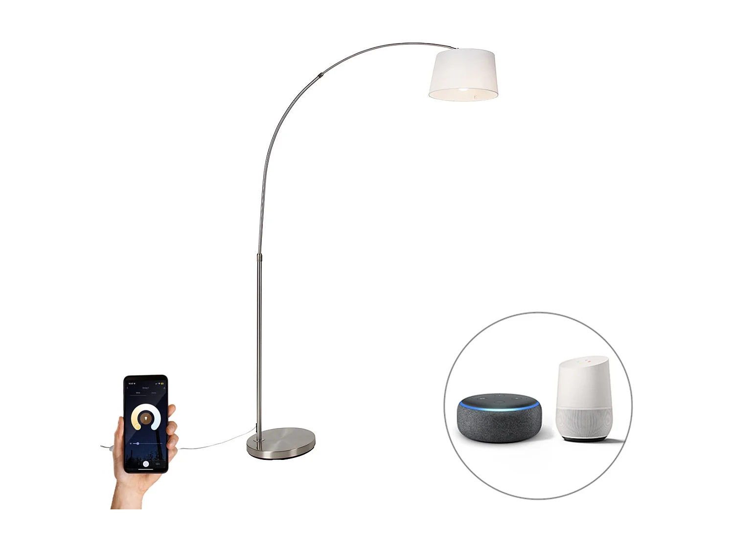 Lampe à arc intelligente en acier avec abat-jour en tissu blanc, y compris Wifi A60 - Arc Basic