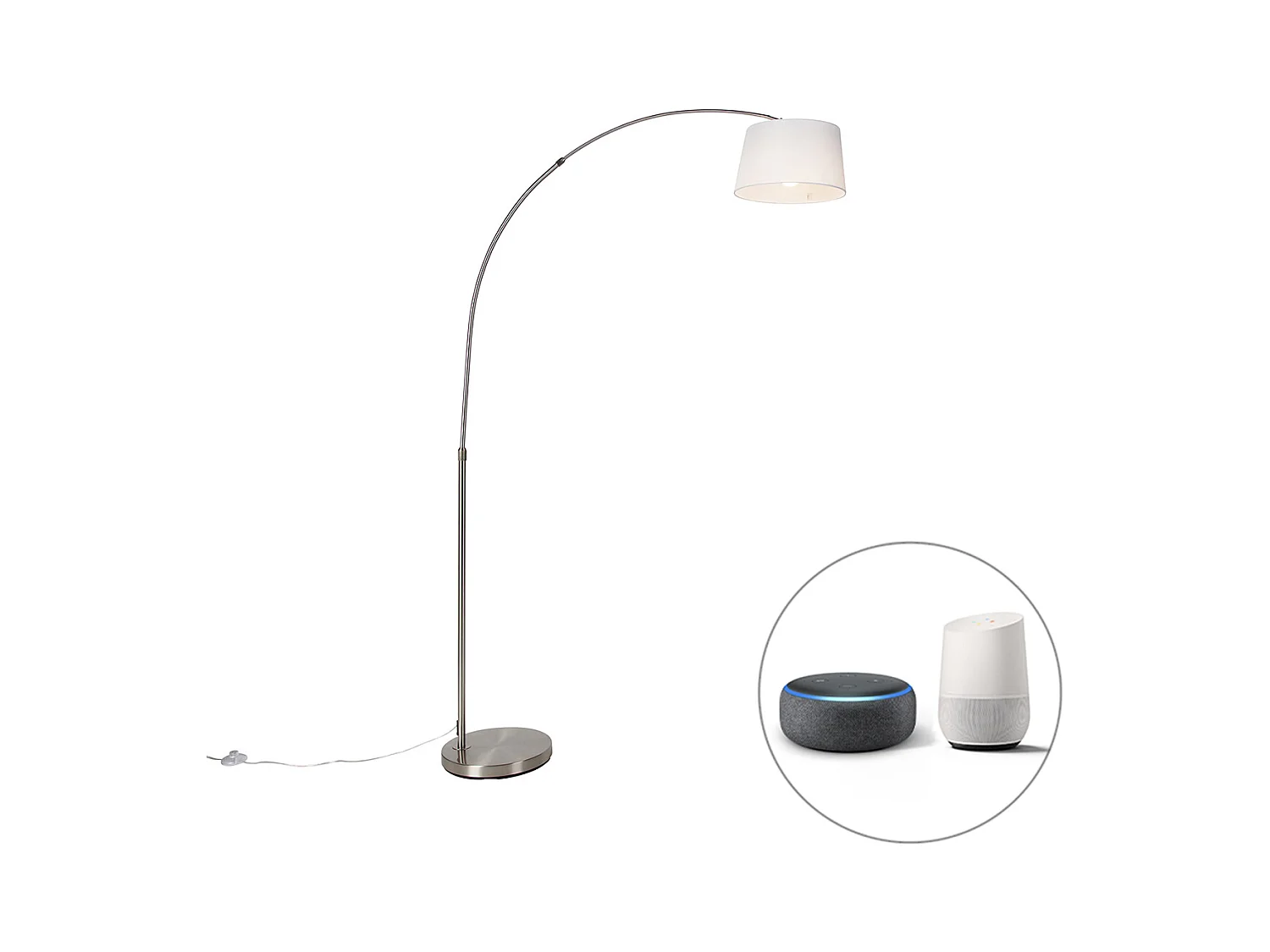 Lampe à arc intelligente en acier avec abat-jour en tissu blanc, y compris Wifi A60 - Arc Basic