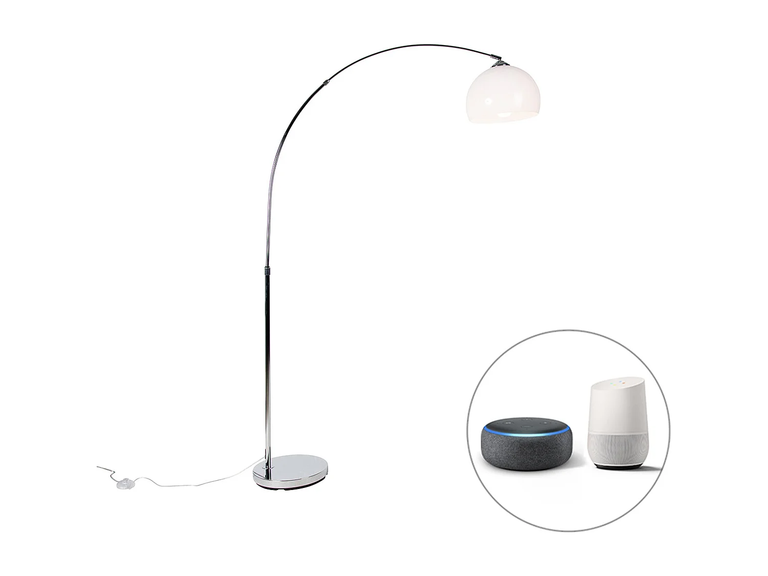Lampe à arc intelligente chrome avec abat-jour blanc avec Wifi A60 - Arc Basic