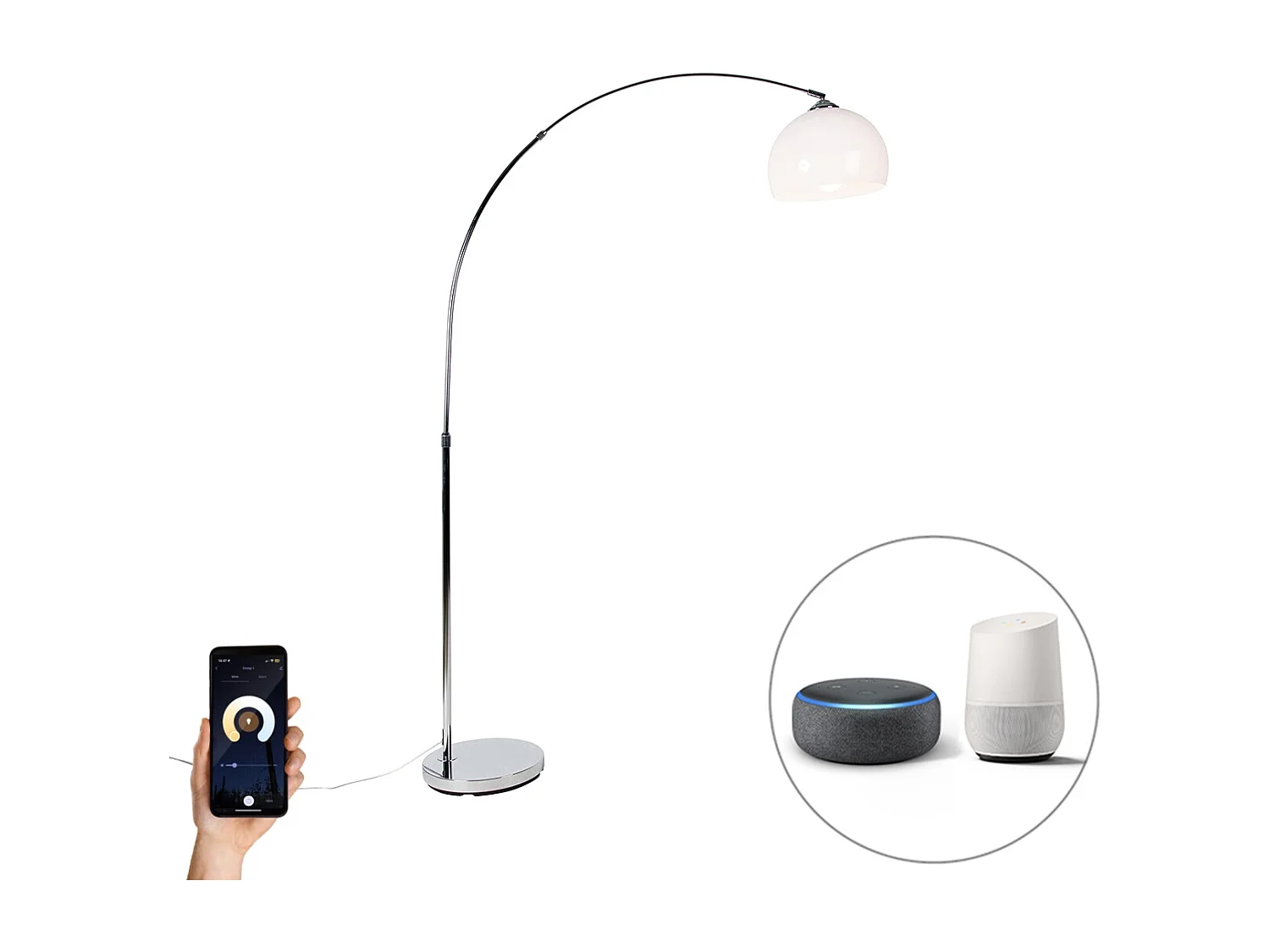 Lampe à arc intelligente chrome avec abat-jour blanc avec Wifi A60 - Arc Basic