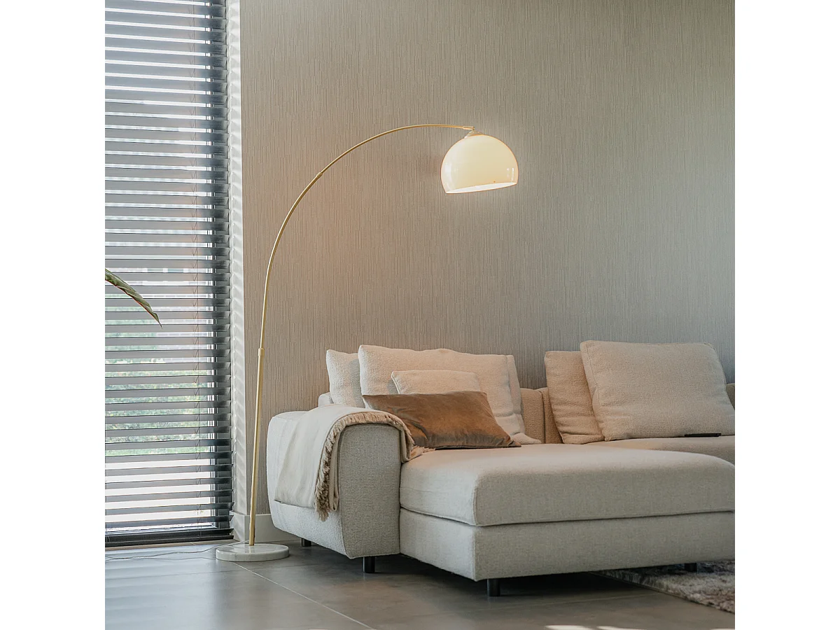 Lampe d'arc moderne en laiton avec abat-jour blanc - Arc Basic