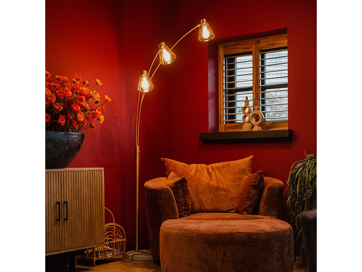 Lampadaire en arc bronze avec marbre et verre ambre 3 lumières - Nina