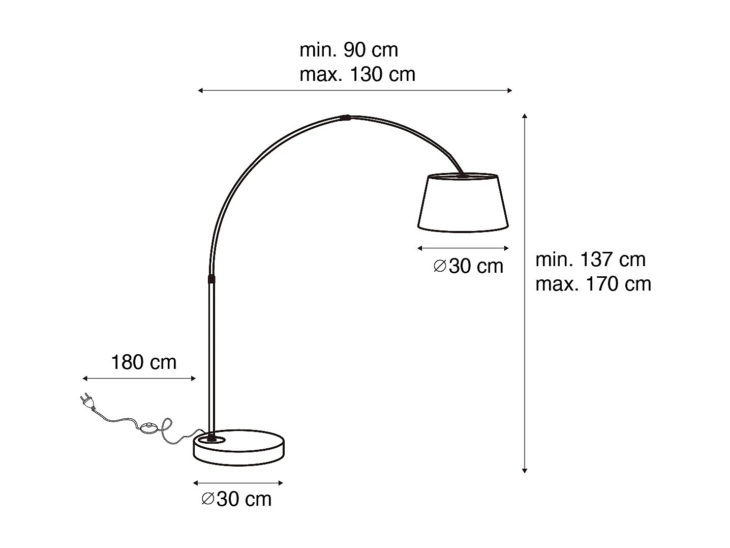 Lampadaire arc moderne en acier avec abat-jour en tissu noir - Arc Basic