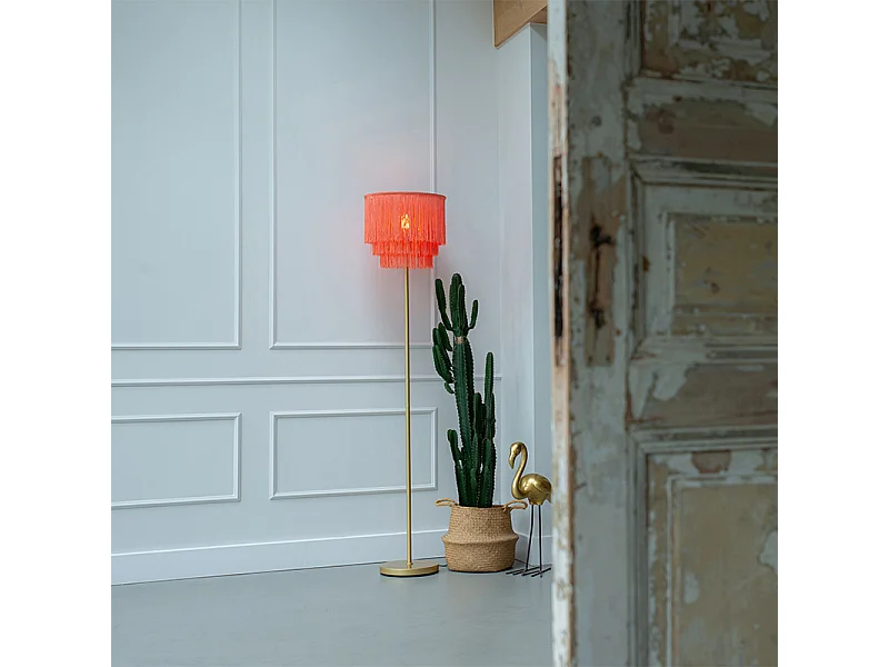 Lampadaire oriental doré avec abat-jour rose à franges - Franxa
