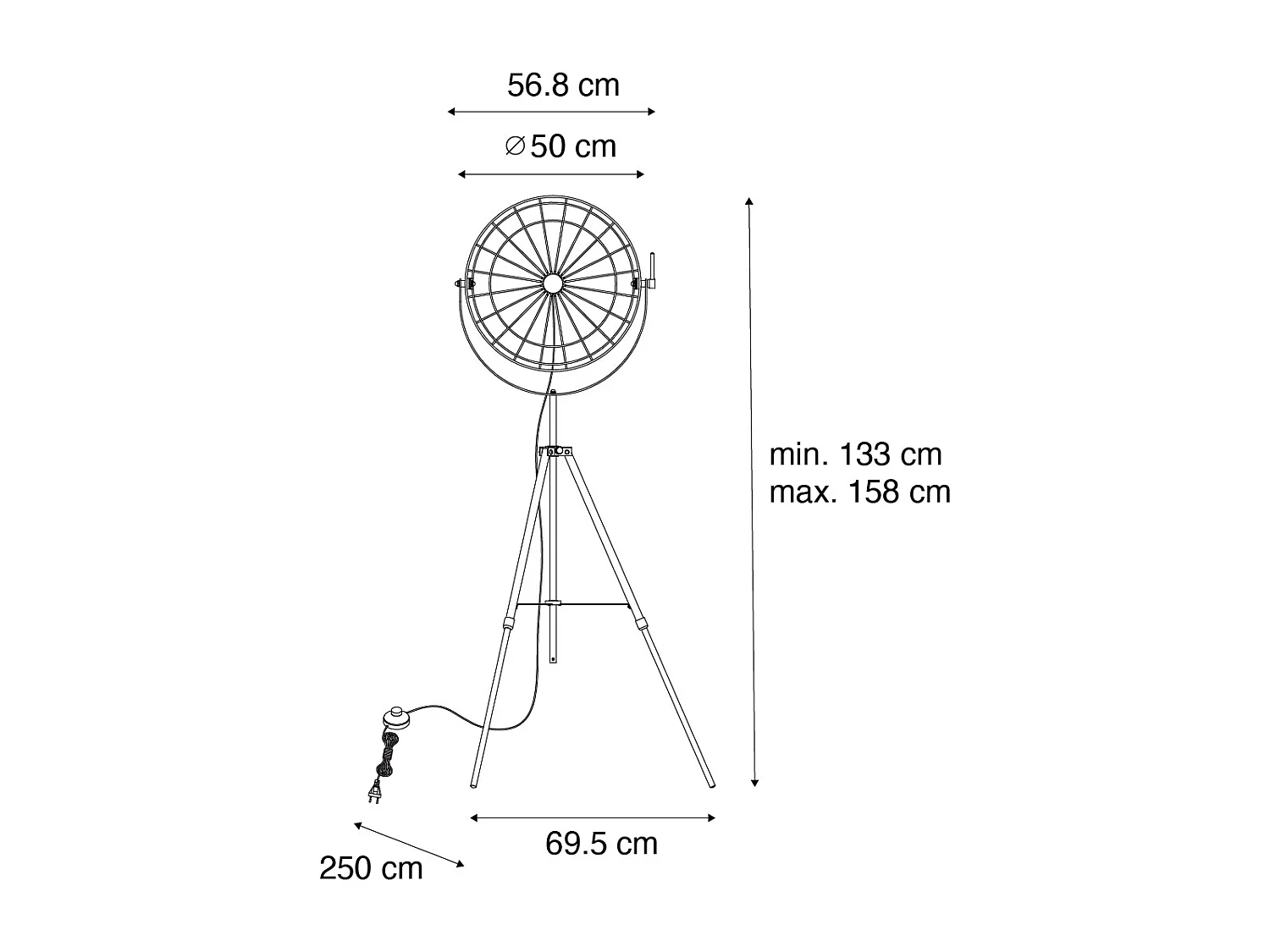 Lampadaire industriel trépied noir 50 cm orientable - Hanze
