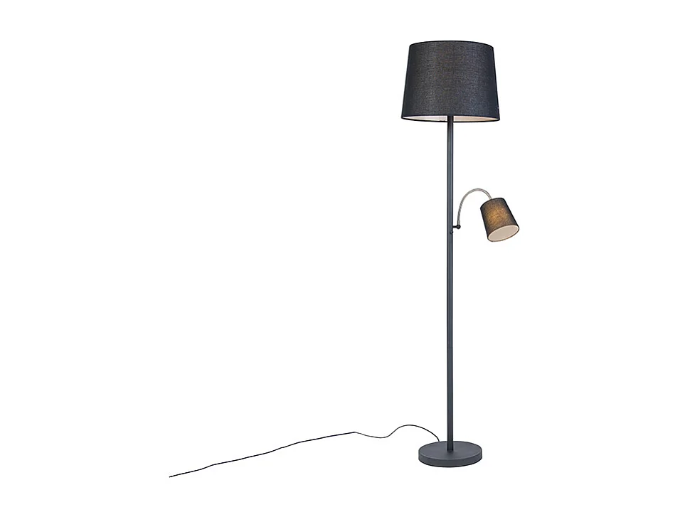 Lampadaire classique noir avec abat-jour noir et lumière de lecture - Retro