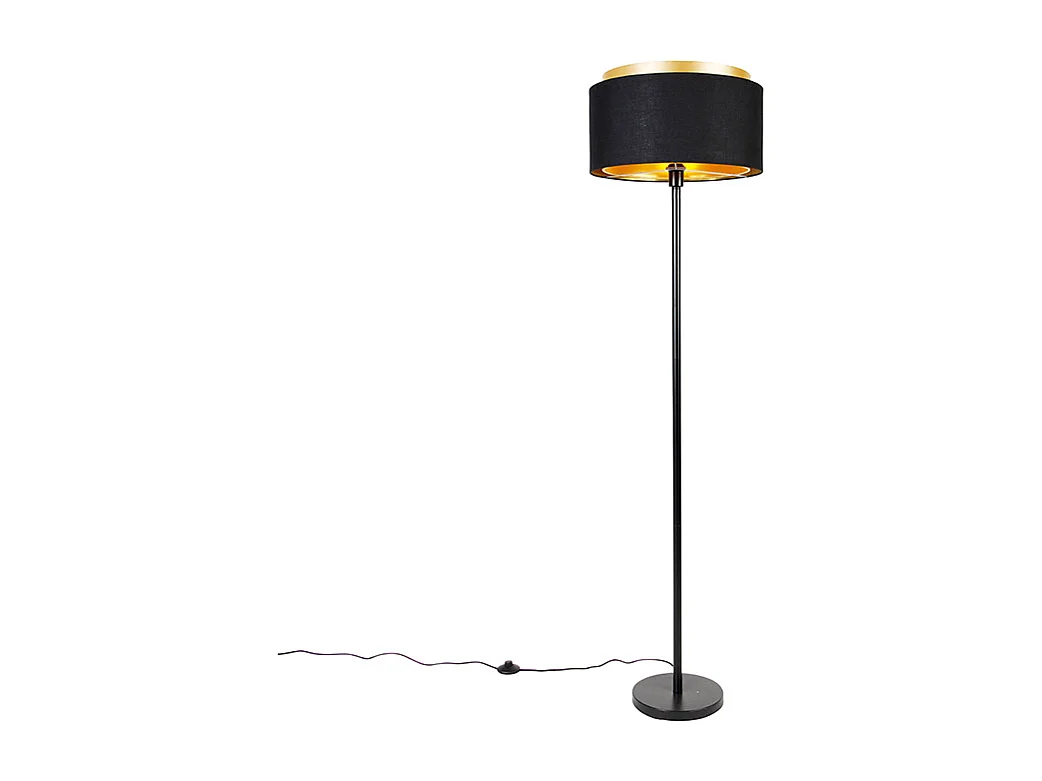 Lampadaire moderne noir avec abat-jour noir avec intérieur doré - Simplo