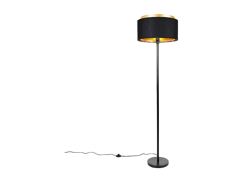 Lampadaire moderne noir avec abat-jour noir avec intérieur doré - Simplo