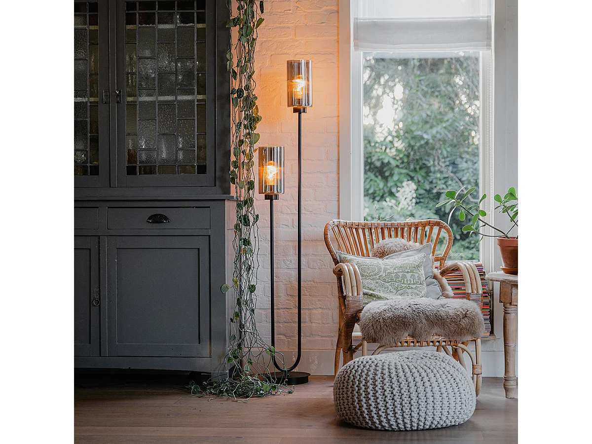 Lampadaire Art Déco noir avec verre fumé 2 lumières - Laura