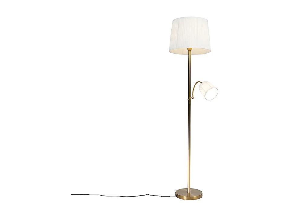 Lampadaire classique bronze abat-jour en tissu blanc avec lampe de lecture - Retro