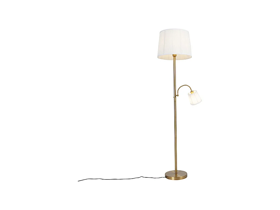 Lampadaire classique bronze abat-jour en tissu blanc avec lampe de lecture - Retro