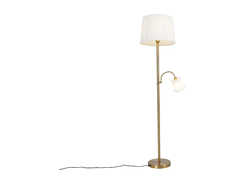 Lampadaire classique bronze abat-jour en tissu blanc avec lampe de lecture - Retro