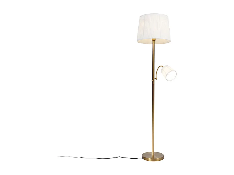 Lampadaire classique bronze abat-jour en tissu blanc avec lampe de lecture - Retro
