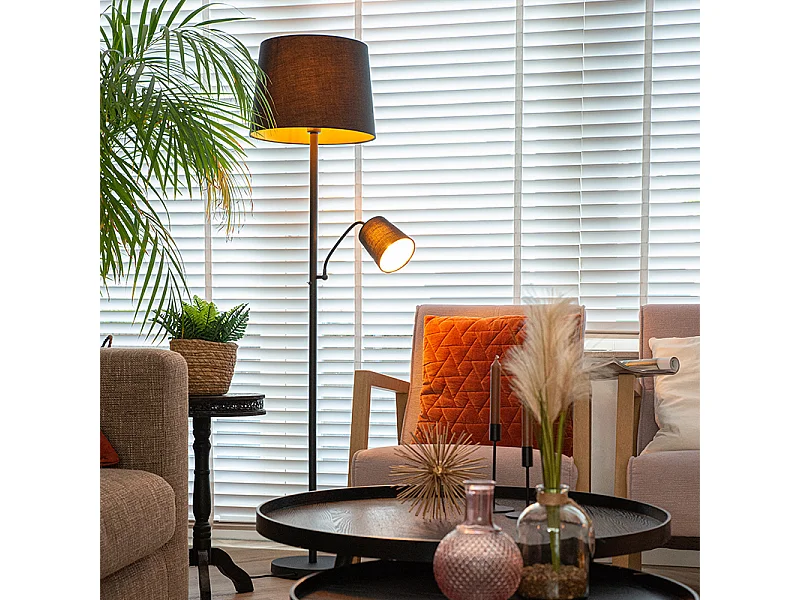 Lampadaire classique noir avec or et liseuse - Retro