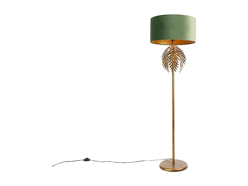 Lampadaire vintage doré avec abat-jour en velours vert - Botanica