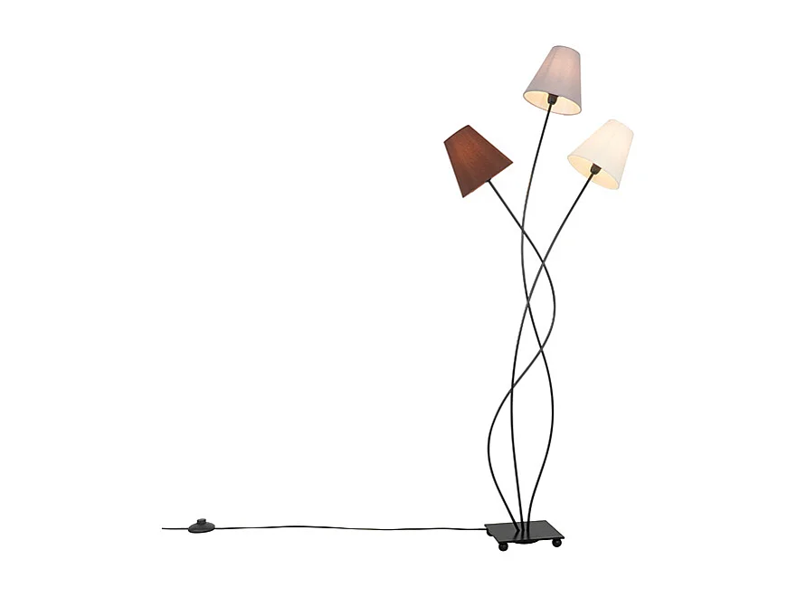 Lampadaire design noir avec abat-jour en tissu 3 lumières - Melis
