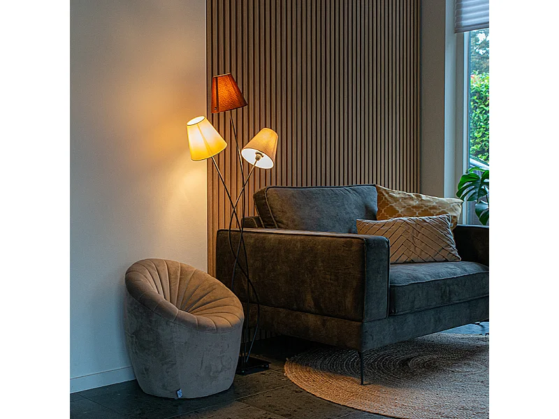 Lampadaire design noir avec abat-jour en tissu 3 lumières - Melis