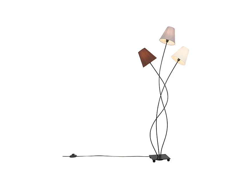 Lampadaire design noir avec abat-jour en tissu 3 lumières - Melis