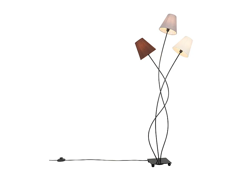 Lampadaire design noir avec abat-jour en tissu 3 lumières - Melis
