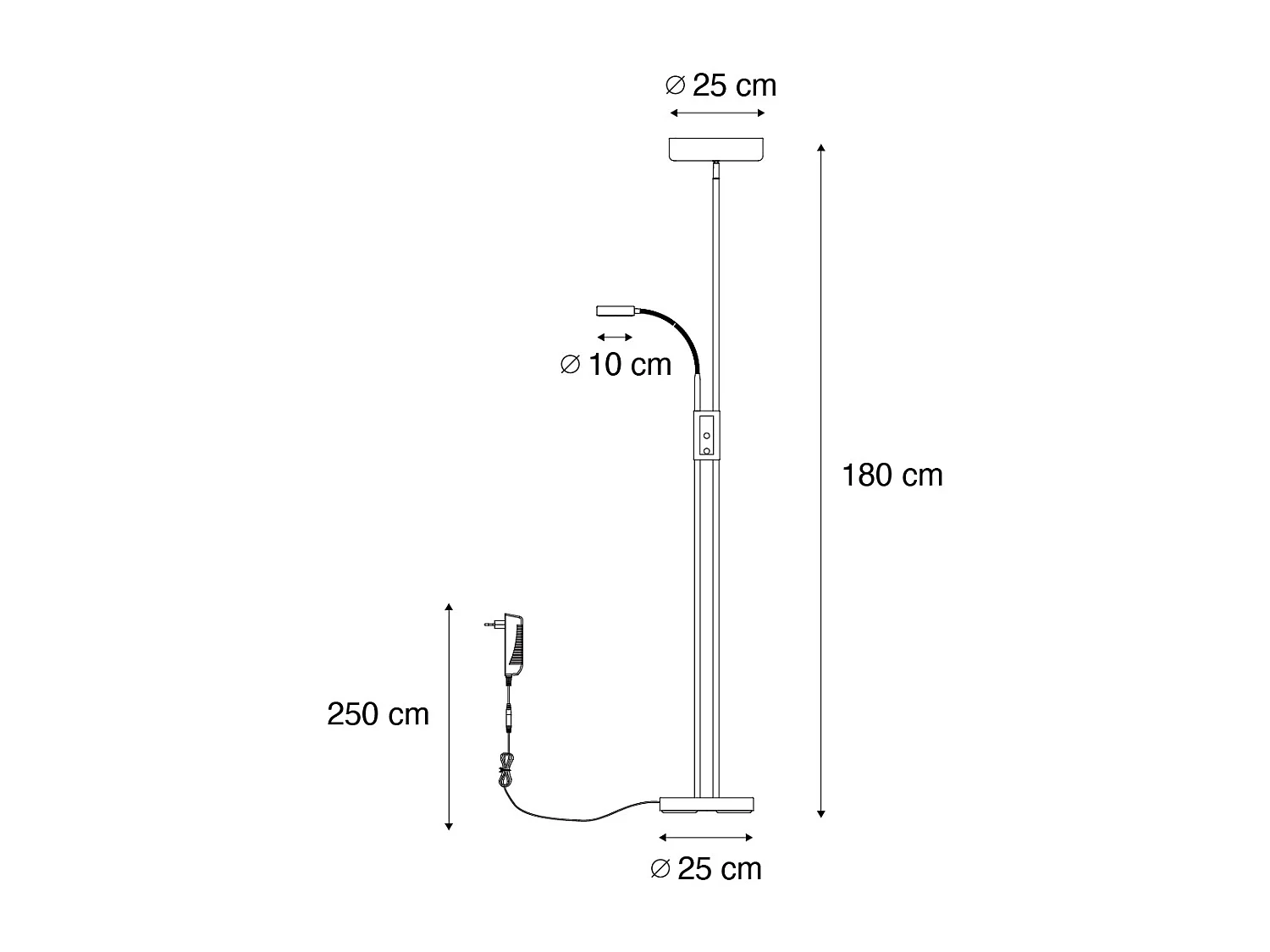 Lampadaire noir avec LED et variateur avec liseuse - Kelso