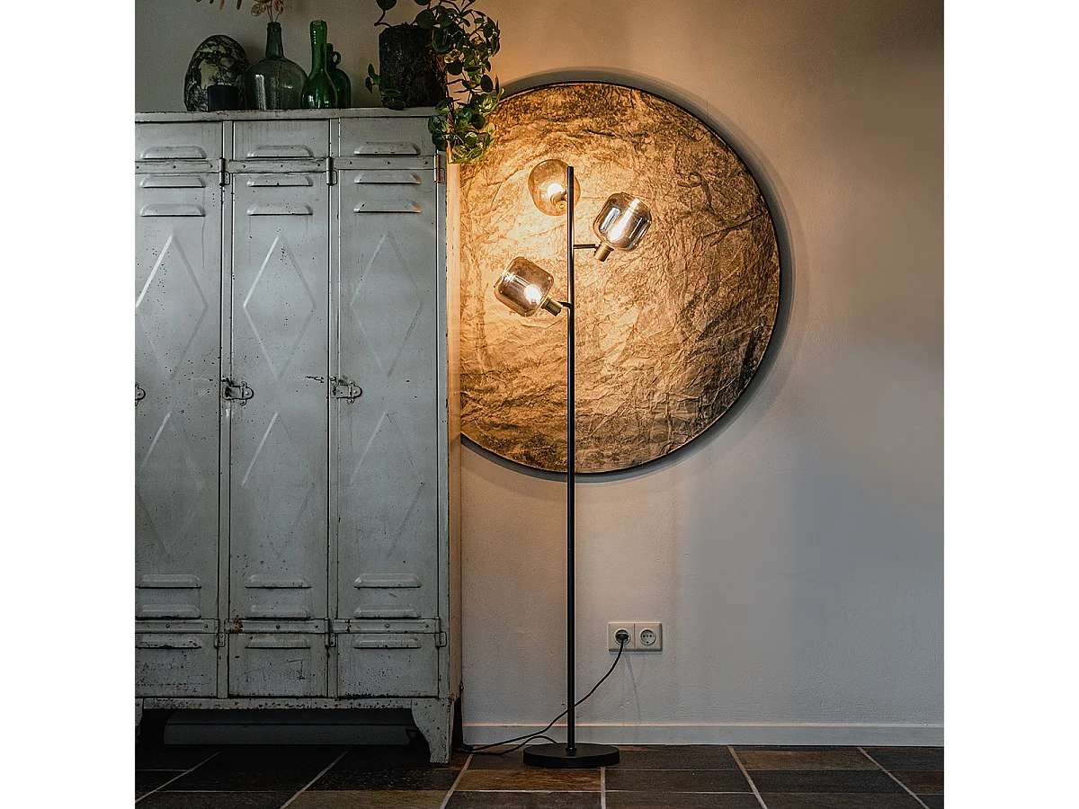 Lampadaire noir avec or et verre fumé 3 lumières - Zuzanna
