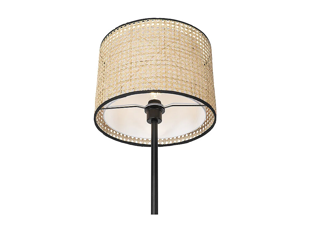 Lampadaire Country noir avec abat-jour en rotin - Kata