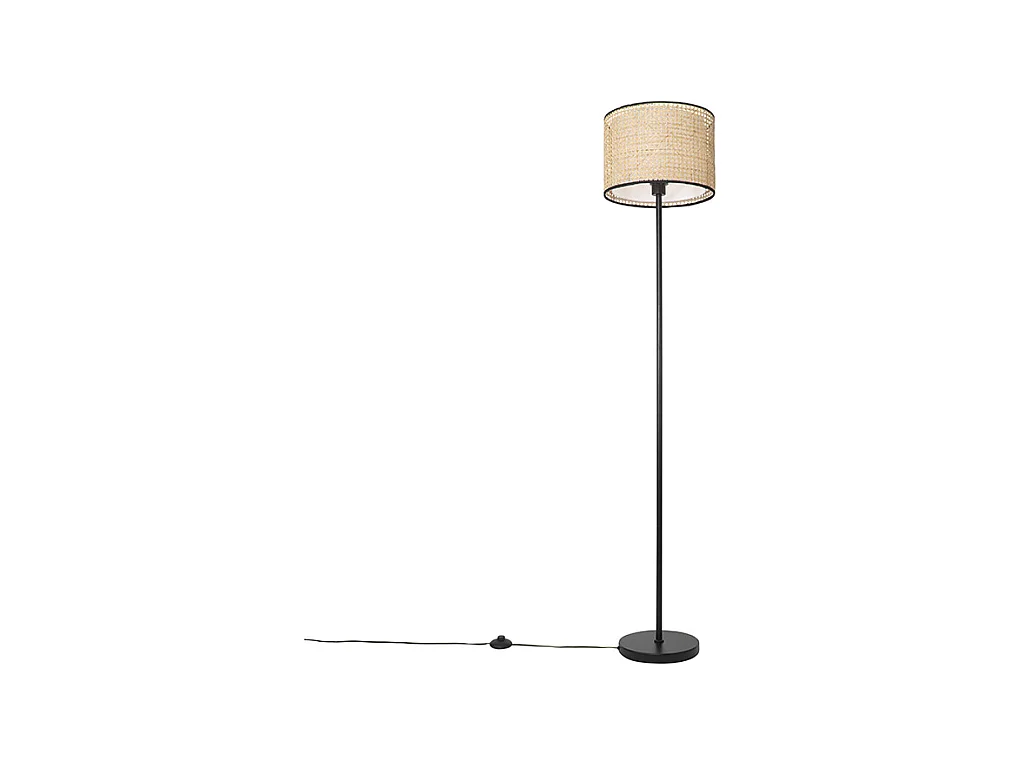 Lampadaire Country noir avec abat-jour en rotin - Kata