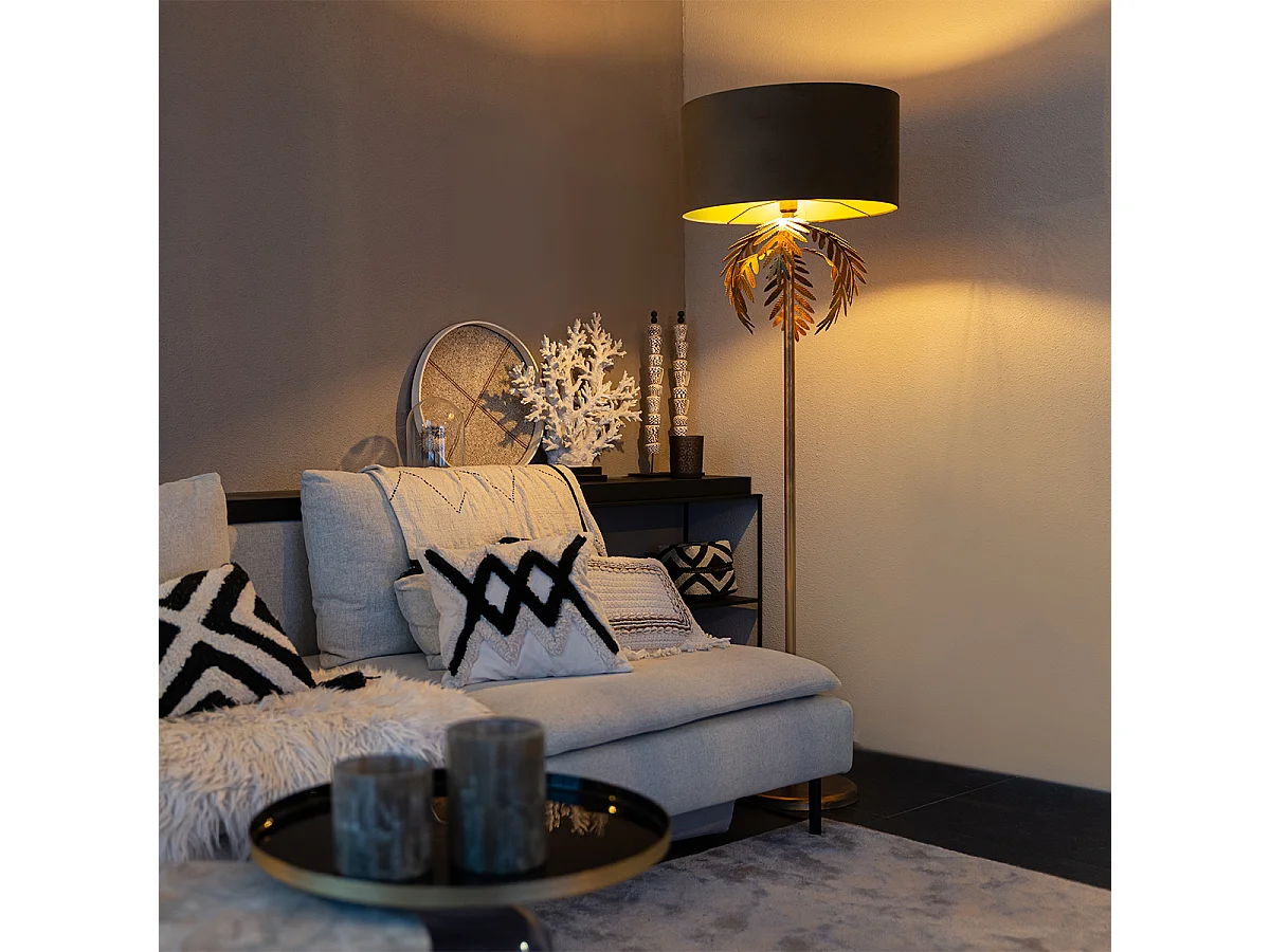 Lampadaire vintage or avec abat-jour en velours taupe 50 cm - Botanica