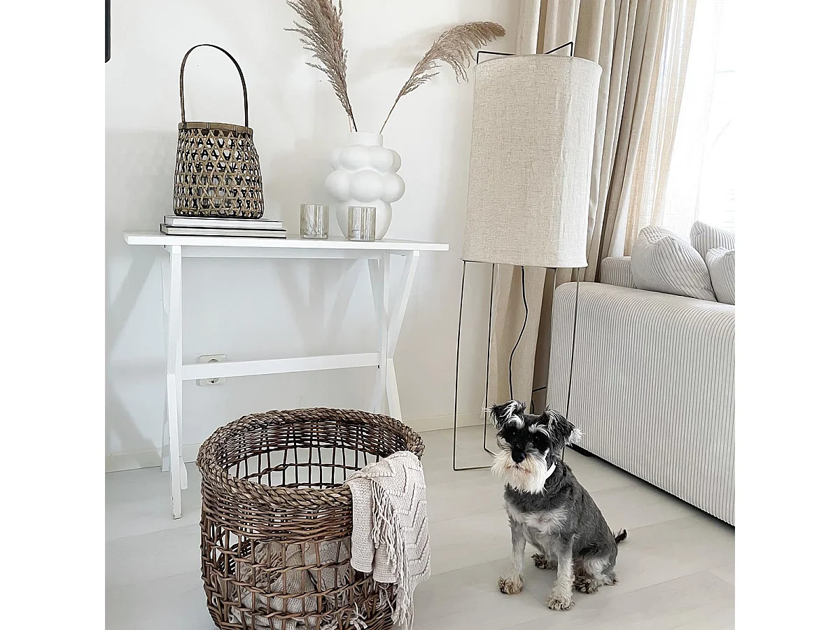 Lampadaire design acier avec abat-jour en lin beige - Rich