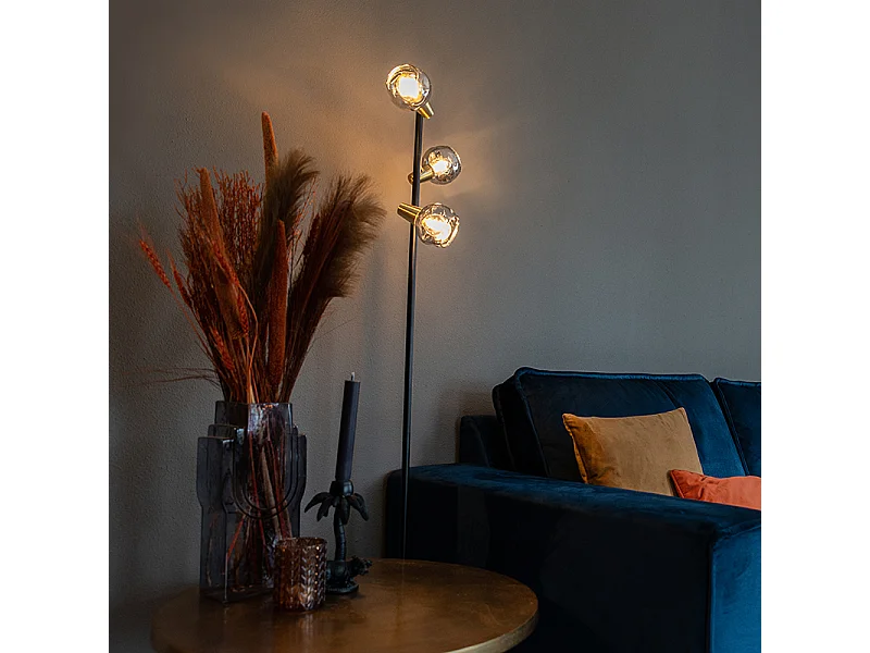 Lampadaire Art Déco noir et or avec verre fumé 3 lumières - Vidro