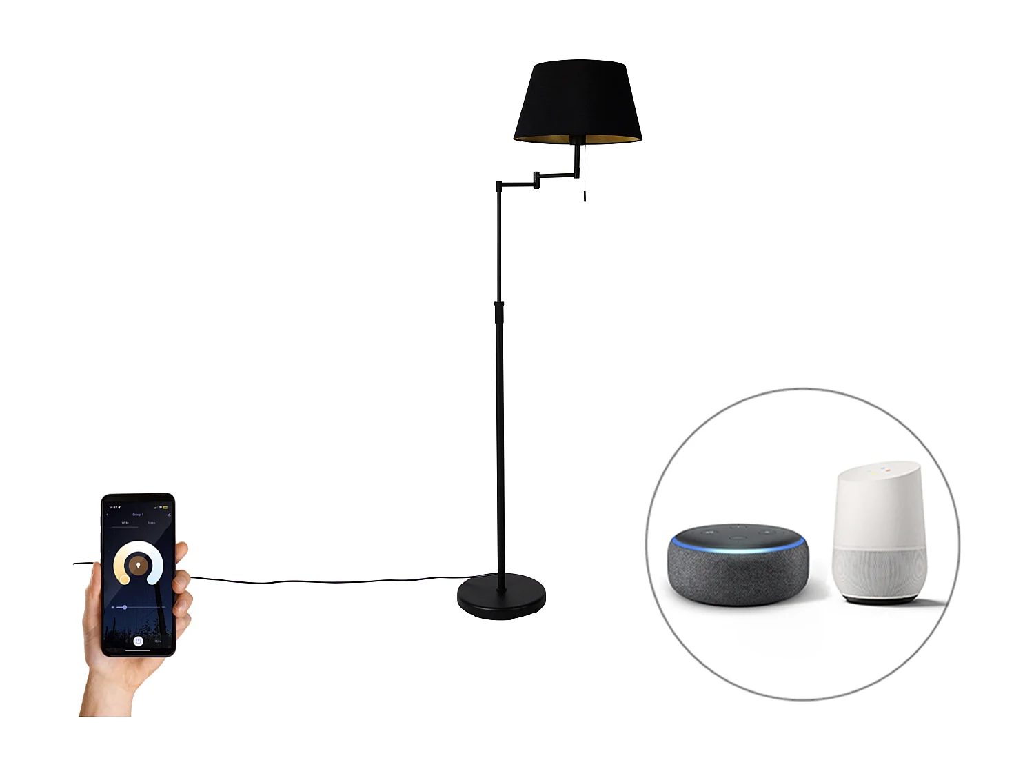 Lampadaire intelligent noir avec abat-jour noir et bras réglable avec Wifi A60 - Ladas Deluxe