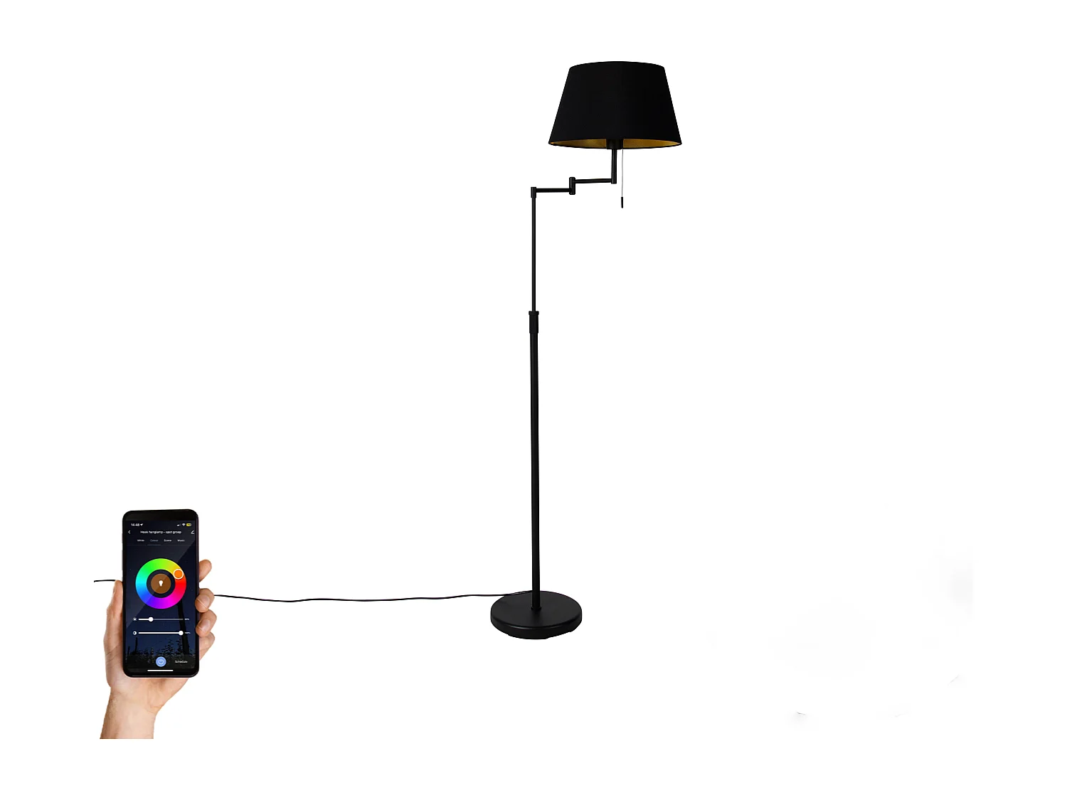 Lampadaire intelligent noir avec abat-jour noir, Wifi A60 inclus - Ladas Deluxe