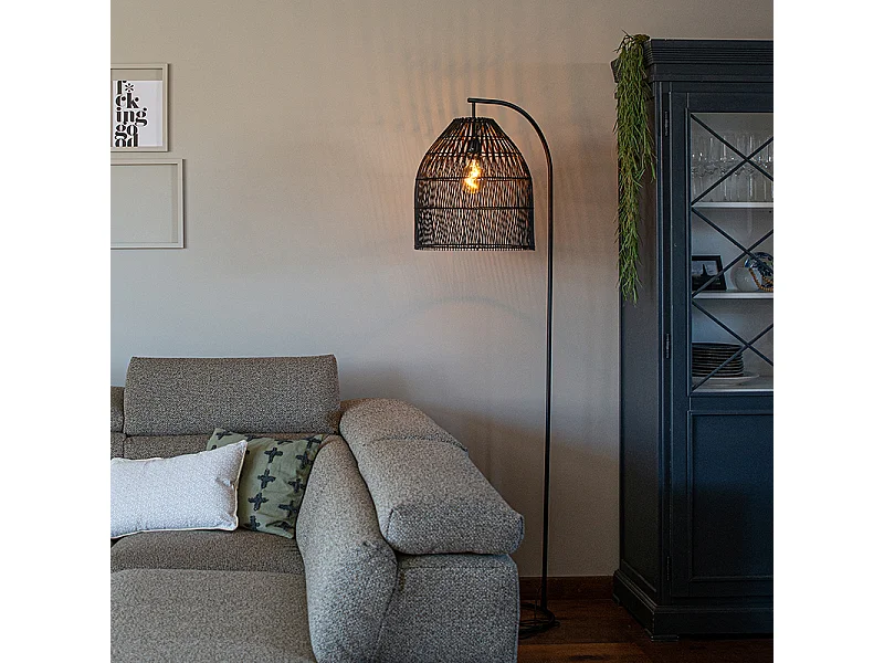 Lampadaire rustique noir avec rotin - Sam
