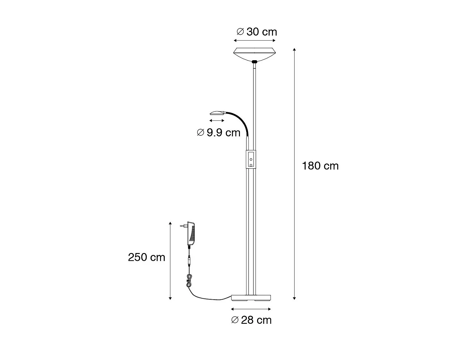 Lampadaire noir avec LED et variateur avec lampe de lecture - Fez