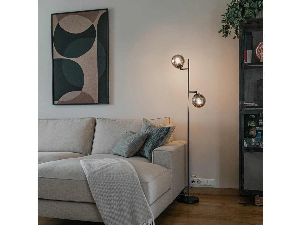 Lampadaire Art Déco noir avec verre fumé 2 lumières - Pallon