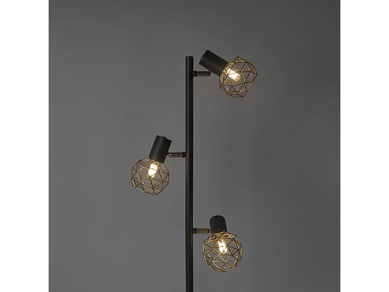 Lampadaire design noir avec or 3 lumières orientable - Mesh