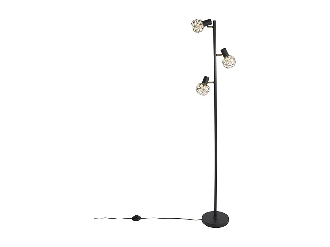 Lampadaire design noir avec or 3 lumières orientable - Mesh