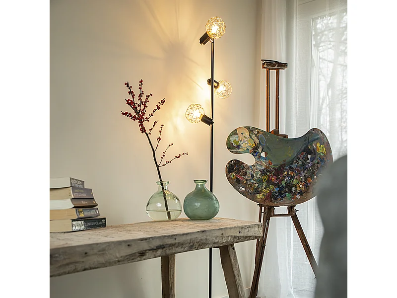 Lampadaire noir avec cuivre 3 lumières - Mesh