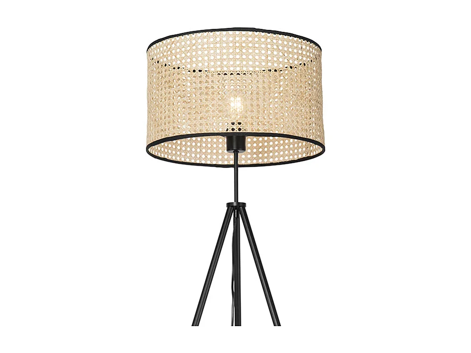 Lampadaire rural trépied noir avec abat-jour en rotin - Kata