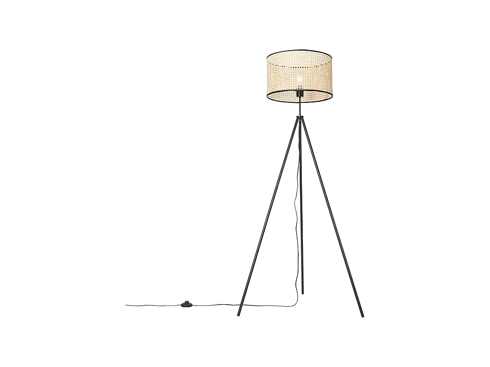Lampadaire rural trépied noir avec abat-jour en rotin - Kata