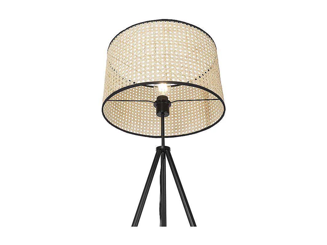 Lampadaire rustique trépied noir avec abat-jour en rotin - Kata