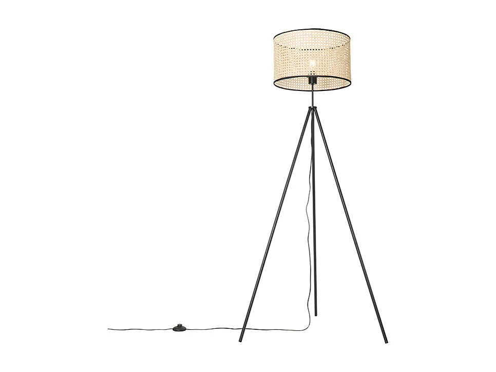 Lampadaire rustique trépied noir avec abat-jour en rotin - Kata