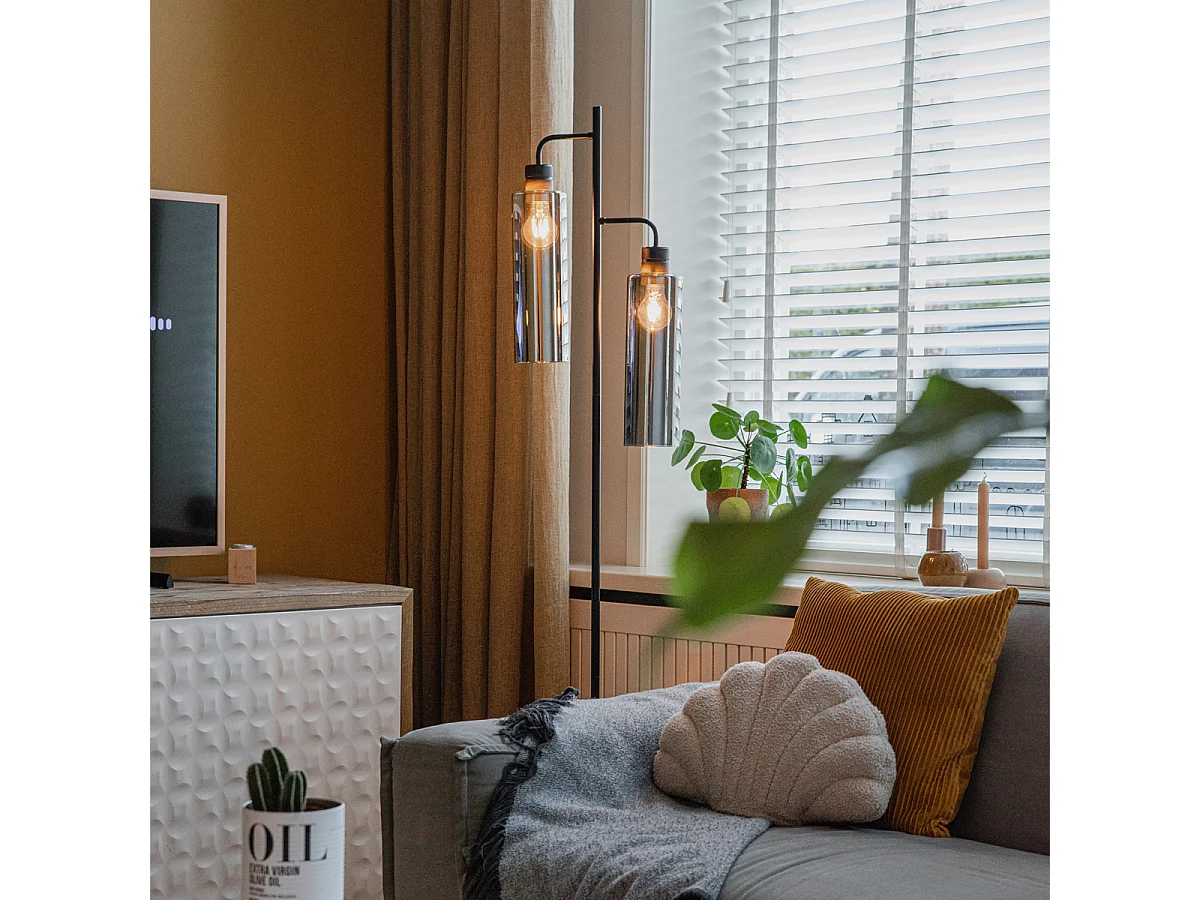 Lampadaire moderne noir avec verre fumé 2 lumières - Stavelot